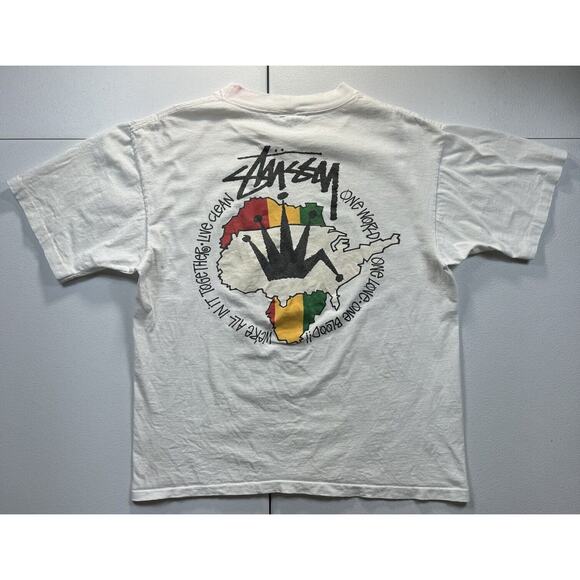 Vintage Stussy‎ Rasta Shirt Men’s M White One World One Love Single Stitch 80s - Picture 1 of 8
